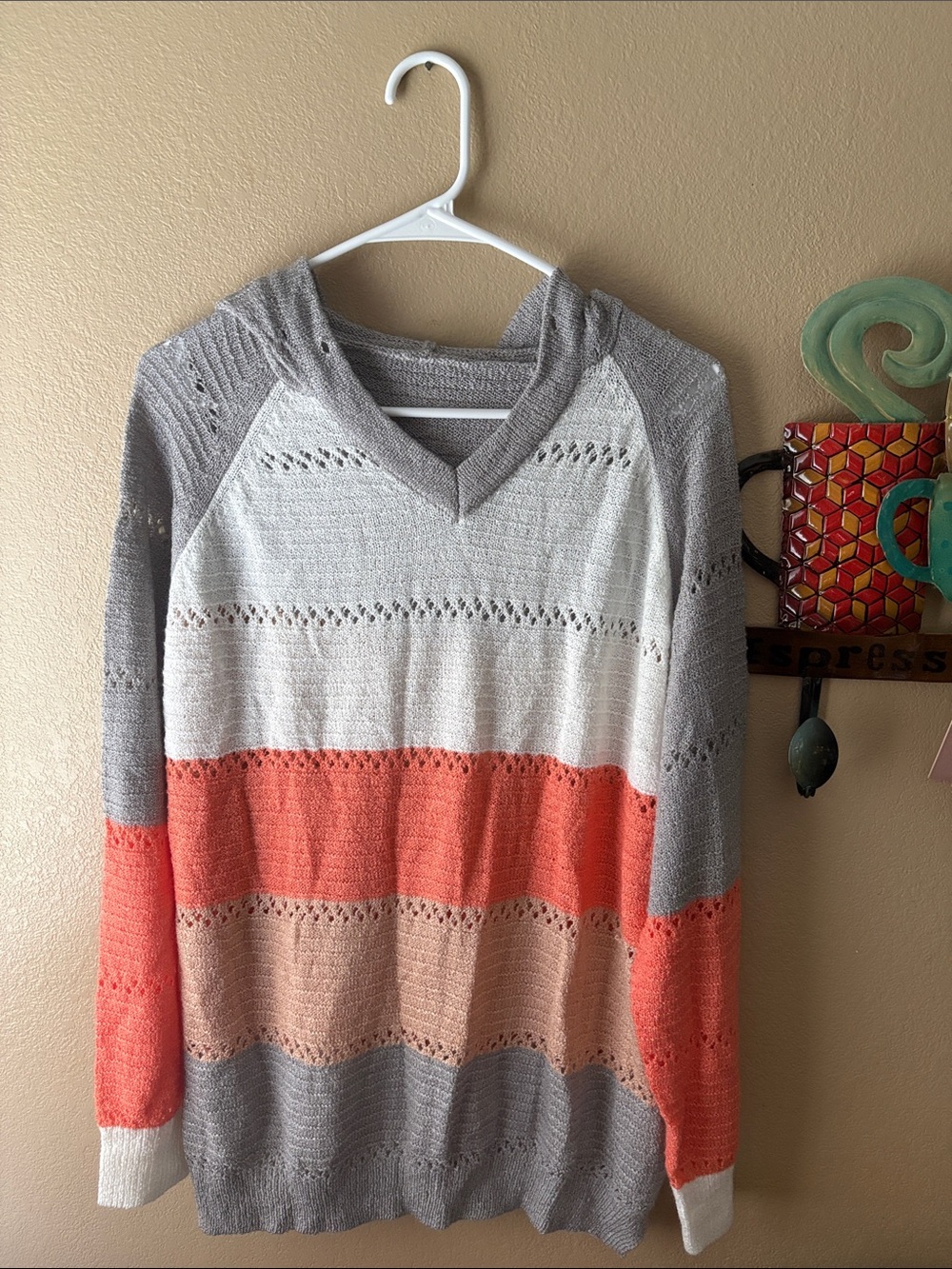 Women’s Striped Hooded Knit Sweater - Gray, Coral, Peach